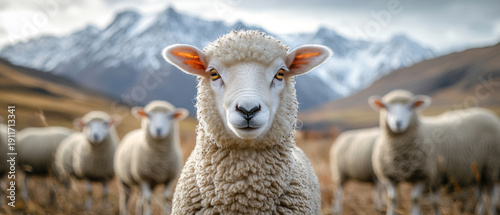 A friendly flock of sheep against the backdrop of snow-capped mountains conveys the harmony of nature — suitable as a main background for environmental projects and agricultural presentations.