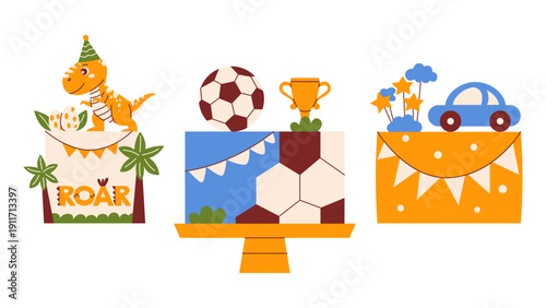 Birthday party elements set with cute cakes with Tyrannosaurus dinosaur, soccer ball with trophy, blue car. Modern retro flat vector minimalist illustration for boys celebration, invitation, poster
