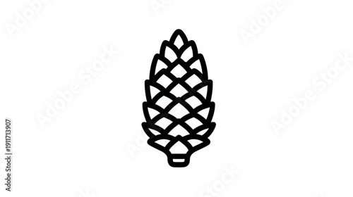 A monochrome illustration of a pinecone with a bold black outline on a white background