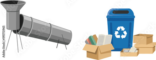 Industrial recycling and waste management vector illustration with metal pipe system, paper waste, cardboard boxes, and recycling bin