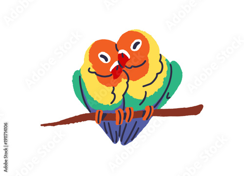 Colourful love birds cuddle. Cute couple of lovebirds sits on branch together and embrace. Parrots express feelings. Lovers, beloveds hug. Flat isolated vector illustration on white background