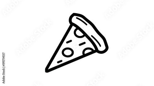 A black and white illustration of a pizza slice, featuring toppings and crust