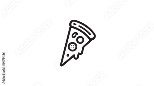 Black and white illustration of a pizza slice with toppings, dripping cheese, and a plain background