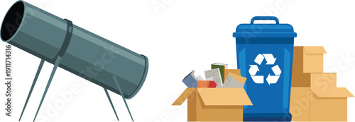 Industrial waste management vector illustration with recycling bin, cardboard boxes, paper waste, and metal pipe disposal system