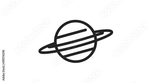 A simple, black-outlined illustration of a planet with rings on a plain white background