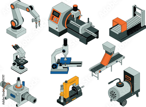 Isometric industrial machinery vector illustration set featuring robotic arm, CNC lathe, conveyor belt, milling machine, and factory automation equipment