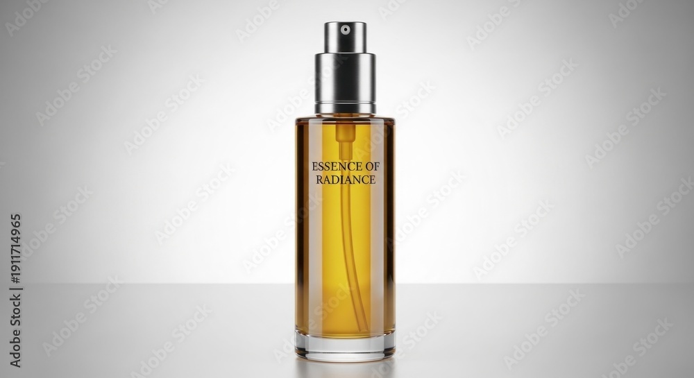 Naklejka premium A perfume bottle with a silver cap and a golden liquid inside, standing upright on a white surface with a gray background.