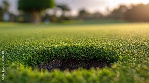 divot. A fresh divot of turf on a green golf fairway with the grass chunk beside it. travel magazines, destination branding, designed for outdoor magazines and nature guides.