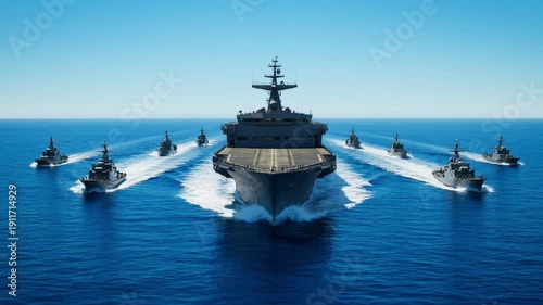 Aircraft Carrier Leading Naval Fleet in Formation with Destroyers in Calm Blue Sea under Clear Sky in Dramatic Overhead View for Military and Defense