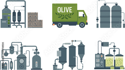 Olive oil refinery factory vector illustration with processing tanks, industrial equipment, packaging boxes, pipeline system, and delivery truck