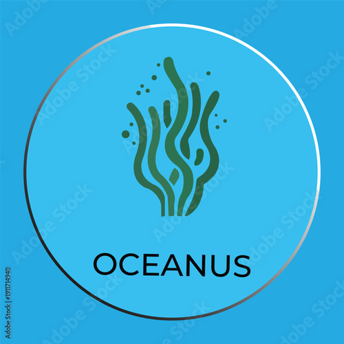 Oceanus Logo Design with Seaweed and Bubbles in Blue Circle Icon
