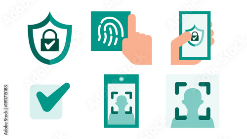 Authentication system icons set with face recognition, fingerprint scan, and smartphone verification