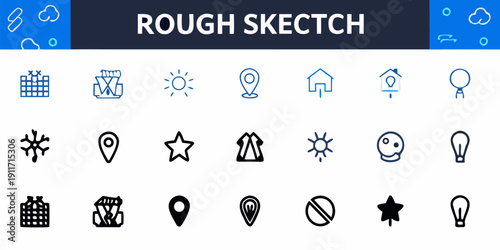 A collection of rough sketch icons and symbols for design and illustration purposes