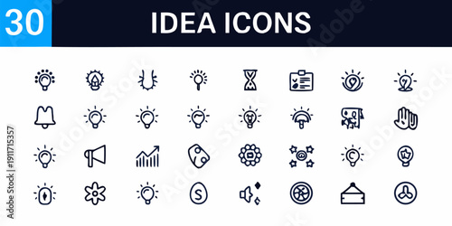 A set of 30 flat design idea icons in a minimal style, featuring various symbols for creativity and innovation.