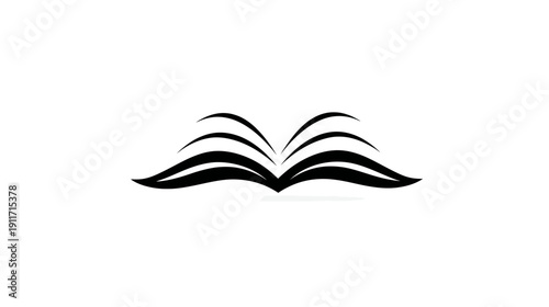 A stylized black and white illustration of an open book with curved pages and a white background