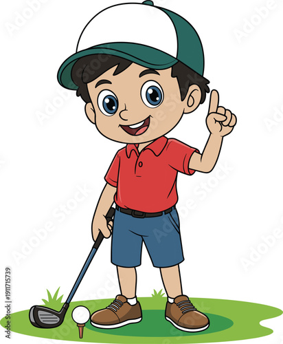 Cute cartoon boy playing golf, holding club, standing on grass, wearing cap, red shirt, smiling happily, kids golf sports illustration