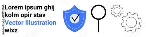 Cybersecurity, data analysis, privacy protection, digital verification, internet safety, and process optimization. Blue shield with a check mark, magnifying glass and gears. Cybersecurity and data