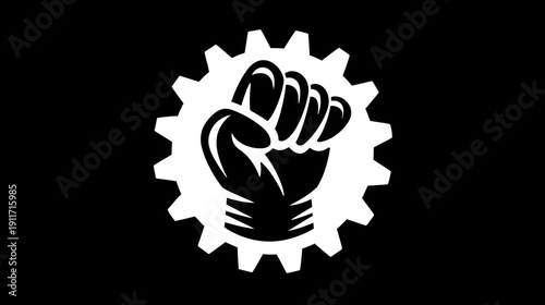 Bold, white fist clenching inside a cogwheel on a black background. Graphic, powerful imagery