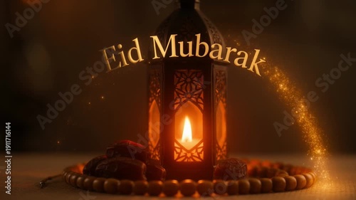 Eid Mubarak Lantern with Warm Golden Lighting and Ornate Details on Beaded Rosary for Islamic Greeting Card