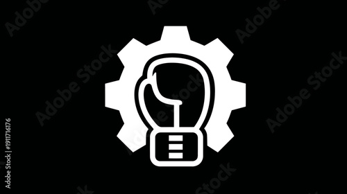 Black and white illustration of a boxing glove within a gear, showcasing sport and industrial blend