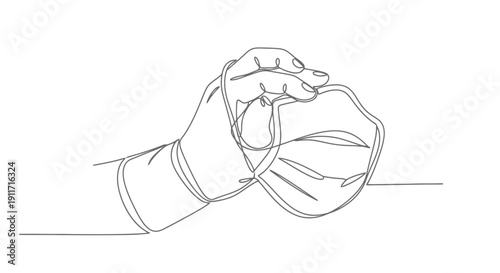 Continuous line drawing of a hand holding a medical face mask.
