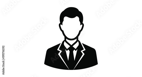 Simple black and white icon representing a formally dressed businessman or professional avatar placeholder design