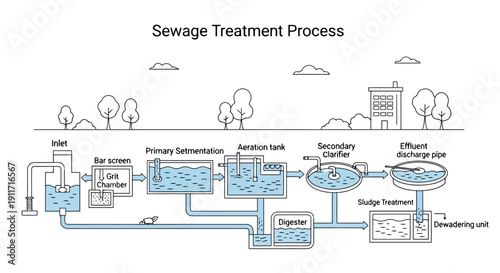 Diagram of a sewage treatment process showing different stages.