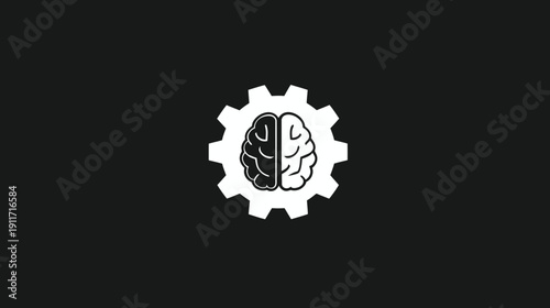 Black background with a white gear containing a brain silhouette, representing cognitive processes
