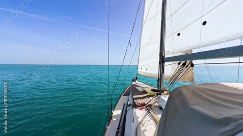 Wallpaper Mural Landscape view from bow of luxury sailing boat yacht with detail of main mast and rigging showing blue ocean background Torontodigital.ca