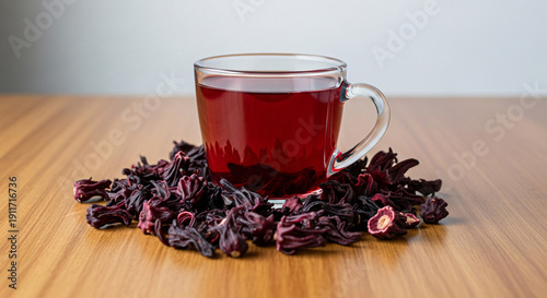 A Mug of Deep Red Hibiscus Tea, Known as Karkade or Roselle, Surrounded by Dried Calyces on a Wooden Surface