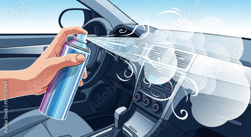 Person spraying deodorizer or air freshener inside a car interior with hand holding can
