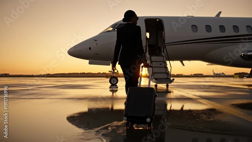 Woman walking towards private jet with luggage at sunset, travel concept.