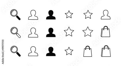 A collection of versatile line and solid icons representing search user profile, favorite, and shopping cart elements