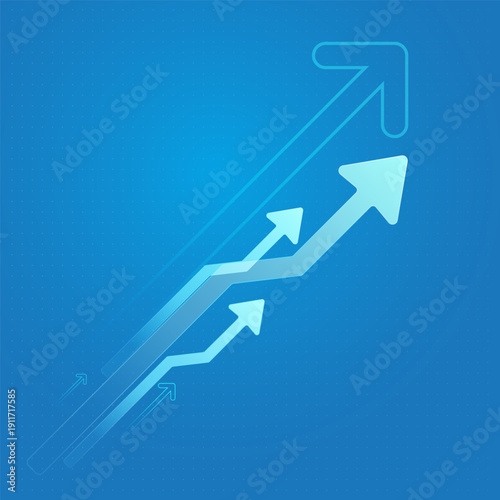 A set of up arrows blue on light blue background and The upward arrows highlight a strong finance trend, marking each point of increase on the path to success