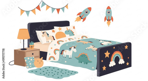 Whimsical children's bedroom with bed nightstand and decorations featuring colorful rainbows unicorns and rockets in a playful setting
