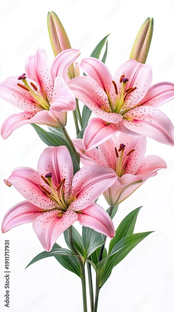 Fototapeta premium Fresh bouquet of pink lilies isolated on white background.