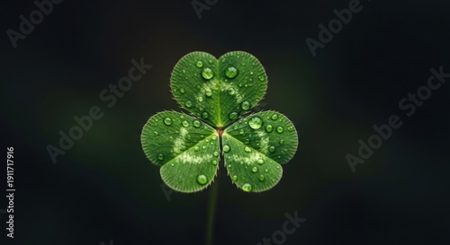A single green clover leaf with water droplets on it, set against a dark background.