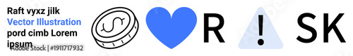 Finance, risk management, decision-making, love, investment strategies, safety. Coin icon, heart symbol exclamation mark in triangle. Finance and risk management are central