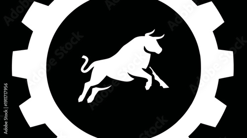 A white silhouette of a bull in gear-shaped frame on black background