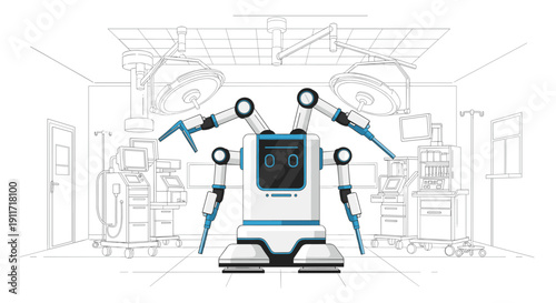 Advanced medical robot with multiple articulated arms stands in a detailed, sketched operating room, symbolizing innovation in healthcare technology.