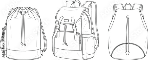 Technical flat sketch of a backpack and drawstring bag collection featuring adjustable straps, buckle closures, and front pockets, fashion accessory vector template