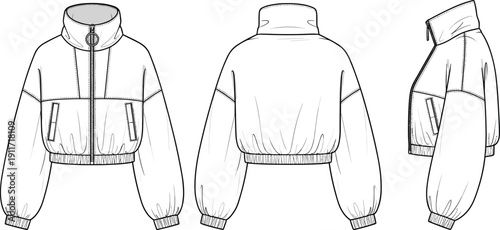 Technical flat sketch of women's cropped puffer jacket with high funnel neck, ring zipper pull, elasticated hem, fashion design vector template
