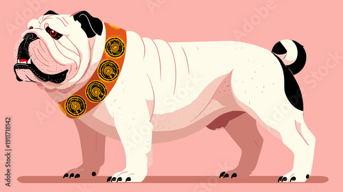 A stylized illustration of a bulldog wearing a collar against a pink backdrop