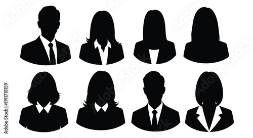 Collection of diverse professional business male and female avatar silhouettes for corporate design elements