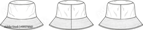 Technical flat sketch of a unisex bucket hat collection featuring a wide brim, topstitching details, and a classic sun hat silhouette, fashion design vector template