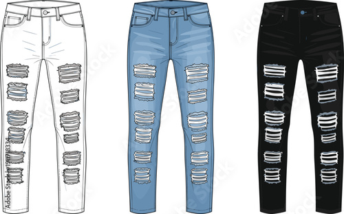 Technical flat sketch of a women's ripped skinny jeans collection featuring distressed denim details, front and back pockets, fashion vector template