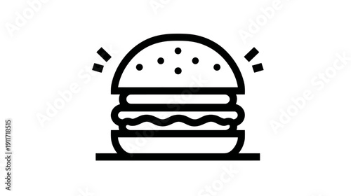 Black and white illustration of a hamburger, showing layers.  Looks freshly cooked