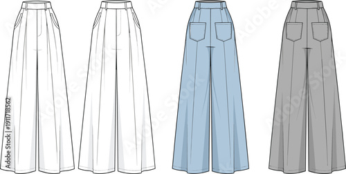 Technical flat sketch of women's high-waisted wide-leg trousers, featuring front pleats, side pockets, back patch pockets, fashion design vector template