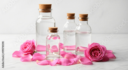 Glass Bottles Of Rose Water Or Essential Oil With Fresh Pink Roses And Petals On White Marble Countertop For Natural Skincare