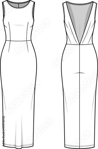 Technical flat sketch of a women's elegant backless maxi dress with a deep V-back, sleeveless bodycon silhouette, fashion design vector template